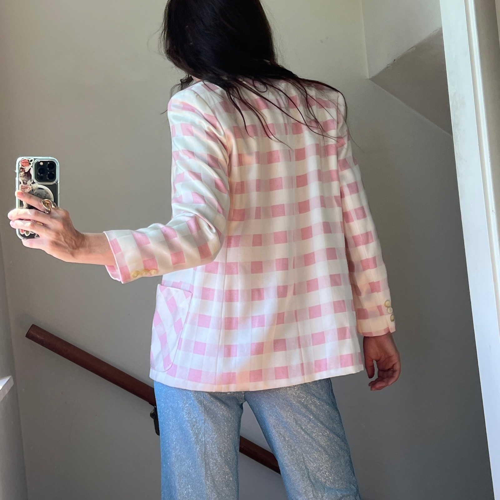 Vintage 1980s Blazer Pink White Gingham Check Double Breasted Jacket Avant Garde