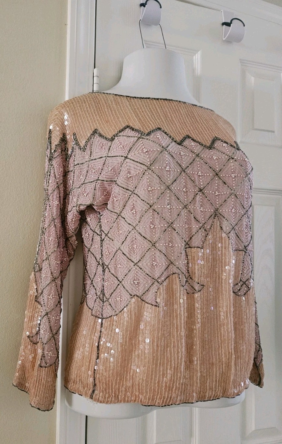 Unbranded Vintage 80s Beaded Sequin 100% Silk Formal Top Blouse Salmon Pink M