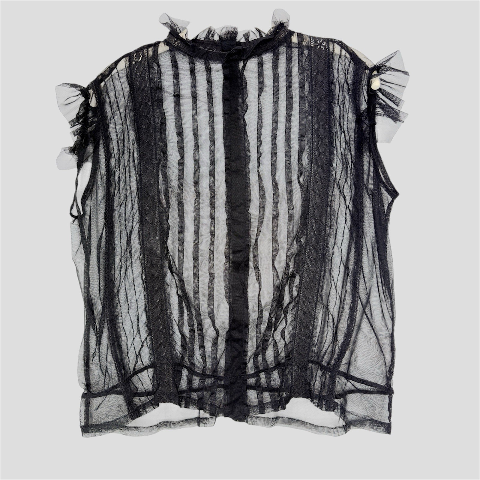 Vintage Black Mesh Pin-Tuck Lace Blouse M Back Ruffle Neck Whimsigoth Fairy Goth