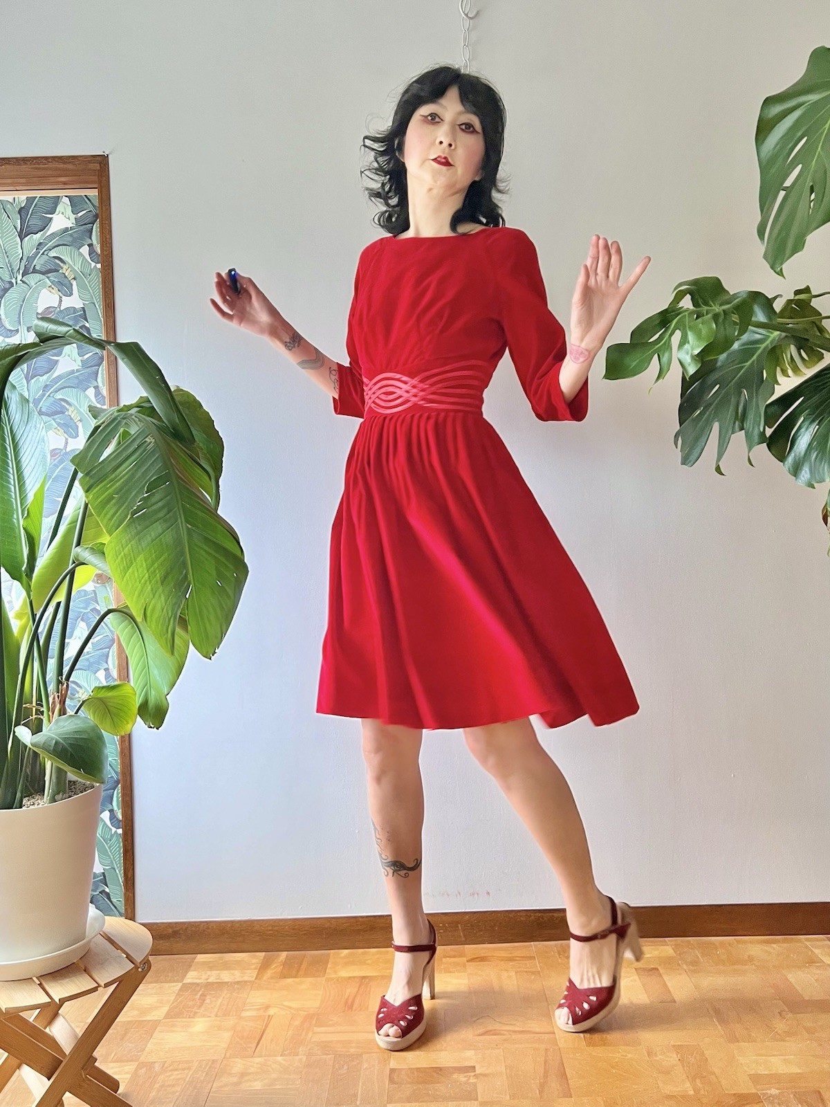 VTG 50s Carol Brent Red Velveteen Cocktail Dress XS/S Rockabilly