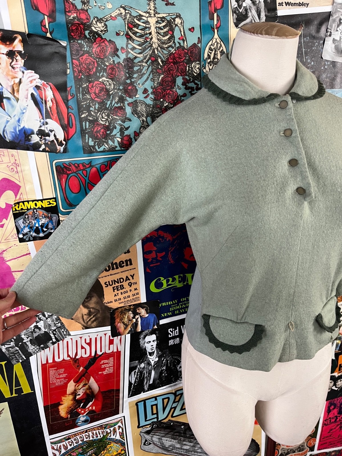 Vtg Womens 1940s Green Peter Pan Collar 3/4 Sleeve Wool Blouse Top Loop Collar