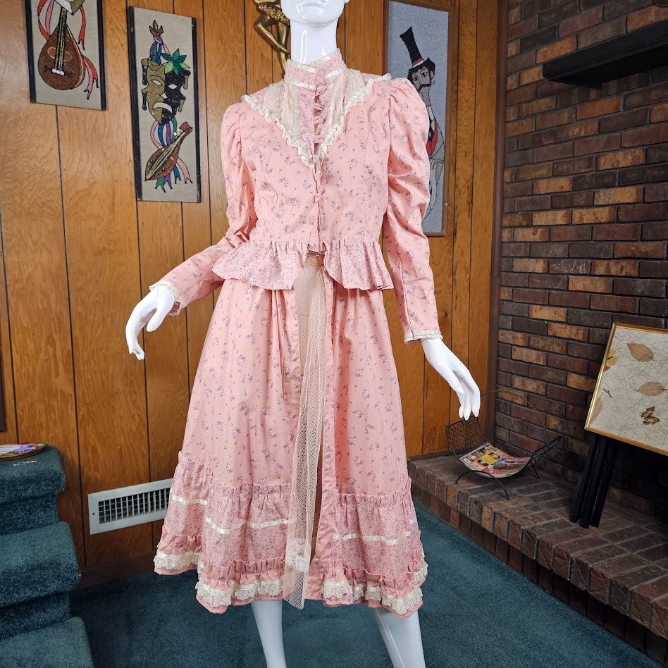 Vintage 70s Homespun Pink Victorian Cottage Prairie Blouse & Skirt Dress Set XS