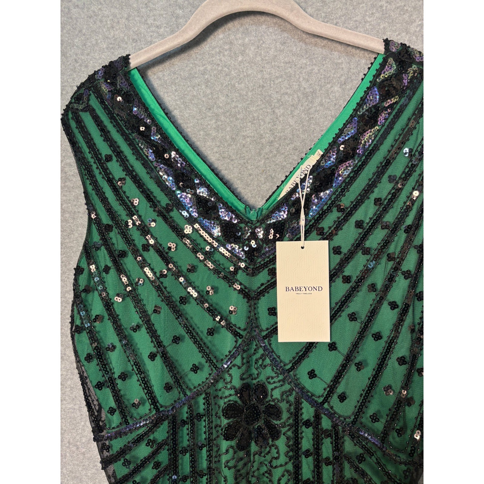 BABEYOND Green Black Sequin Fringe Flapper Dress Gatsby Art Deco 1920s NWT 2XL