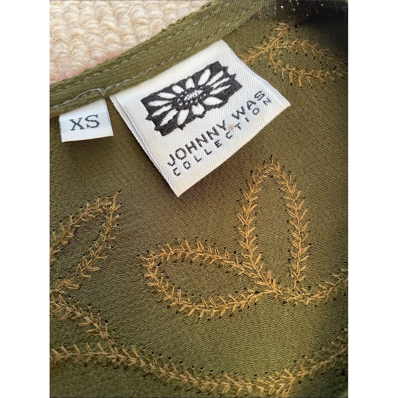 Vintage Johnny Was Embroidered Olive Green Maxi Dress Velvet Trim XS