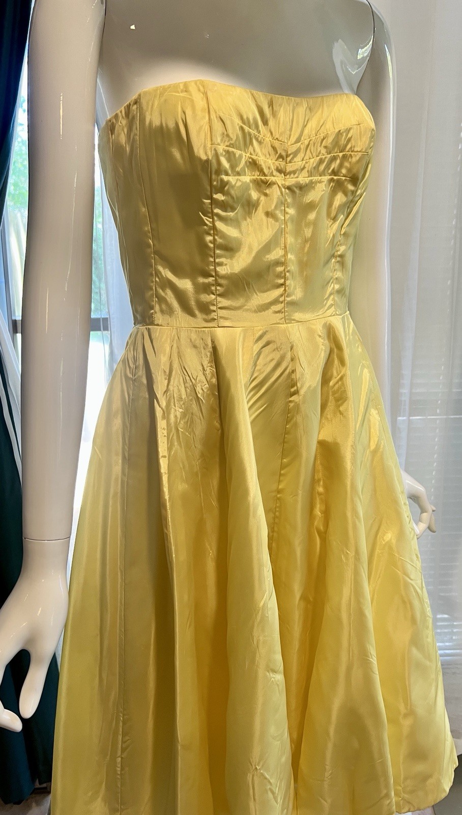 Vintage Buttercream Lined Yellow Strapless Satin Darted Boned Bust Circle Dress