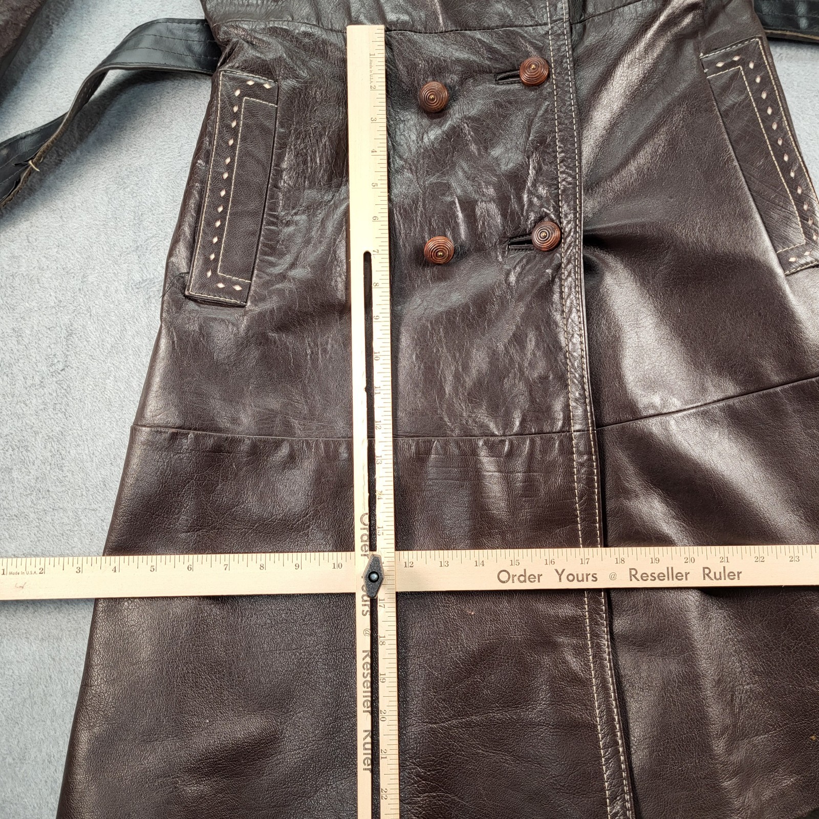 Dan Di Modes Belted Brown Leather Trench No Size Tag Distressed Spots Vintage