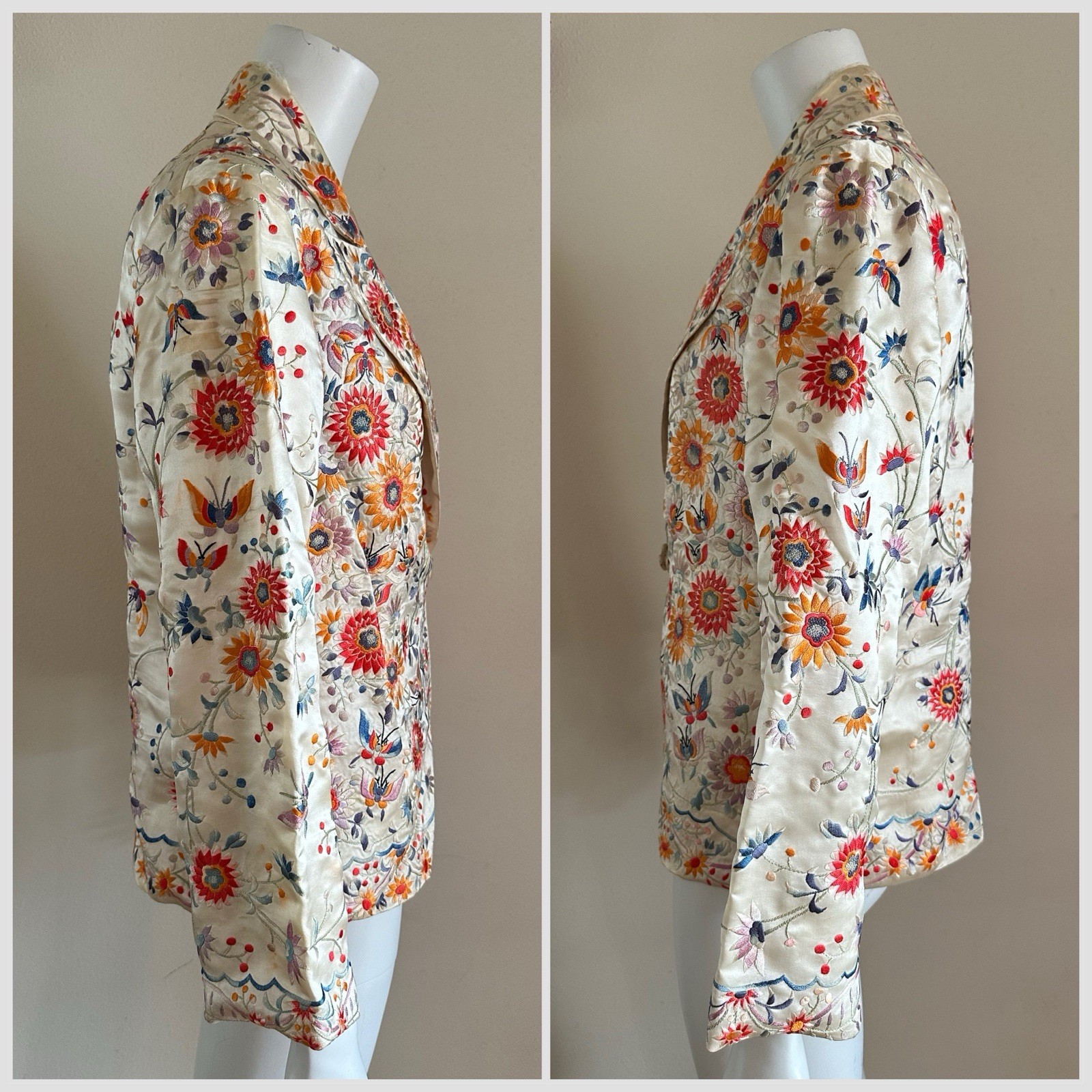 1920s 30s Silk Embroidered Export Piano Shawl Jacket Moth Floral Peking Knot VTG