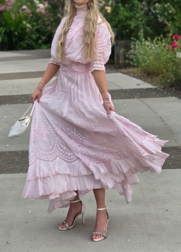 1910 Edwardian Cotton And Lace & Roses! PINK tea Dress, 26&Prime; Waist. Rare Beauty!