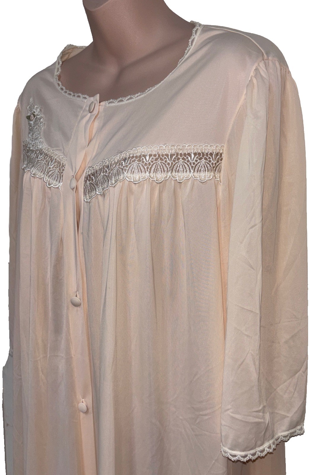 VTG LORRAINE LIGHT PEACH BUTTON FRONT SHEER NYLON NIGHTGOWN ROBE USA 1X LACE