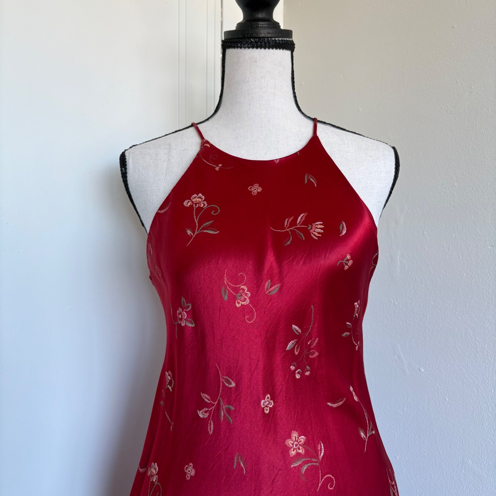 Vintage Breakin Loose Red Floral Satin Halter Maxi Dress 90s Grunge Size 11/12