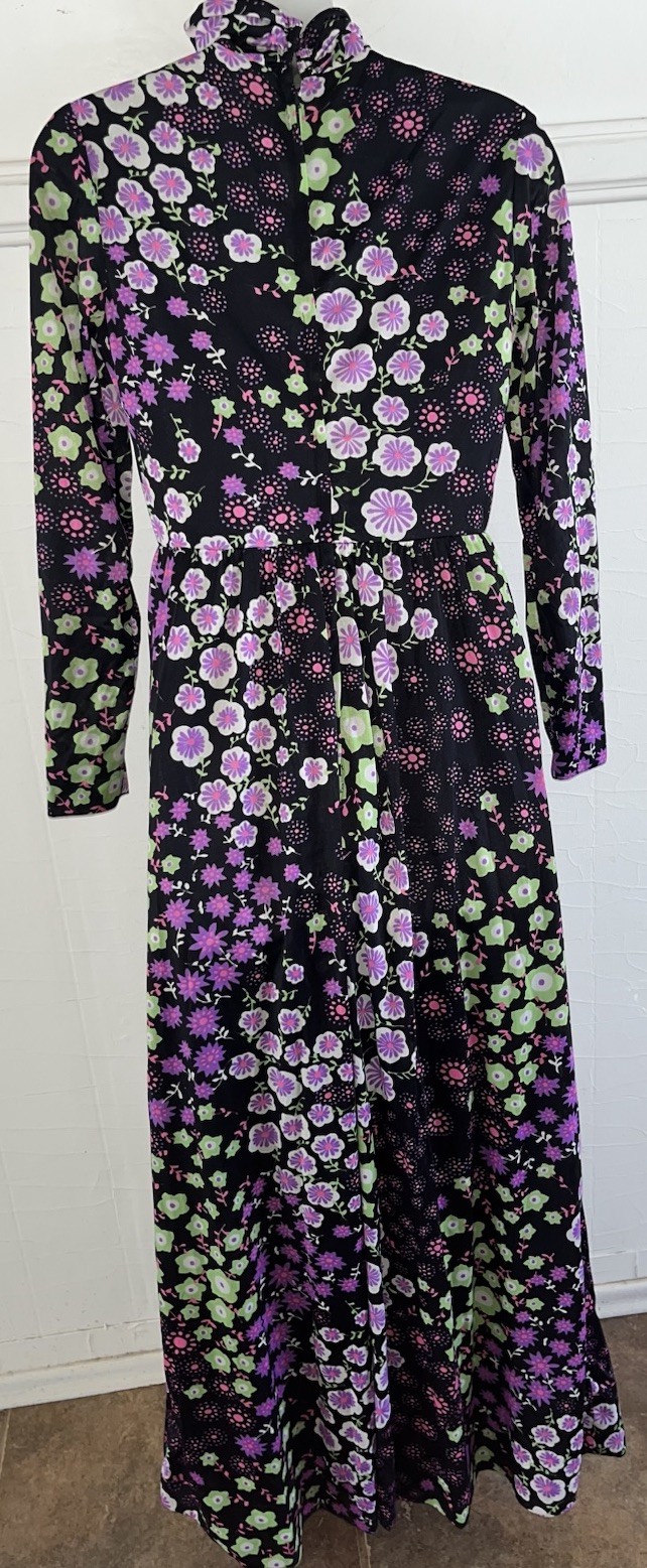 Vintage 1970s ILGWU Union Psychedelic Floral Prairie Maxi Mock Neck Dress 9/10