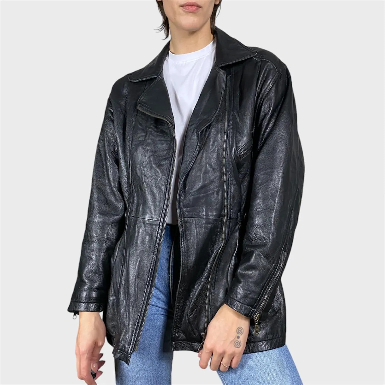 Vintage Black Leather Jacket Moto Biker Style Zipped Jacket Size US8