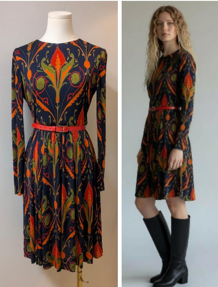 Vintage 60&rsquo;s MOD Saks Fifth Avenue Jersey Art Noveau Deco Print Dress S