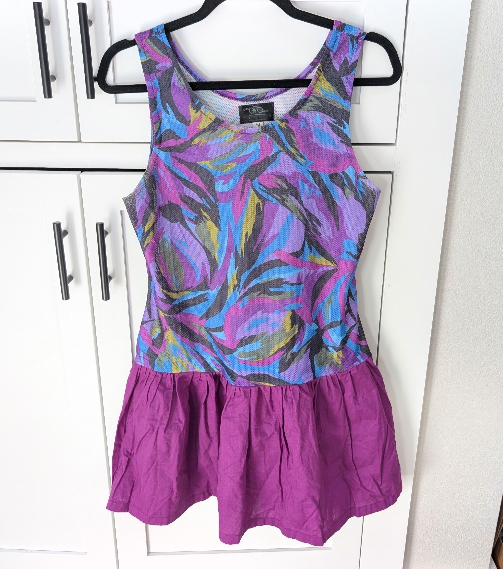 Vintage 80&rsquo;s 90&rsquo;s Biking Dress Women&rsquo;s M Purple Mesh Top Ruffle Skirt Cycling