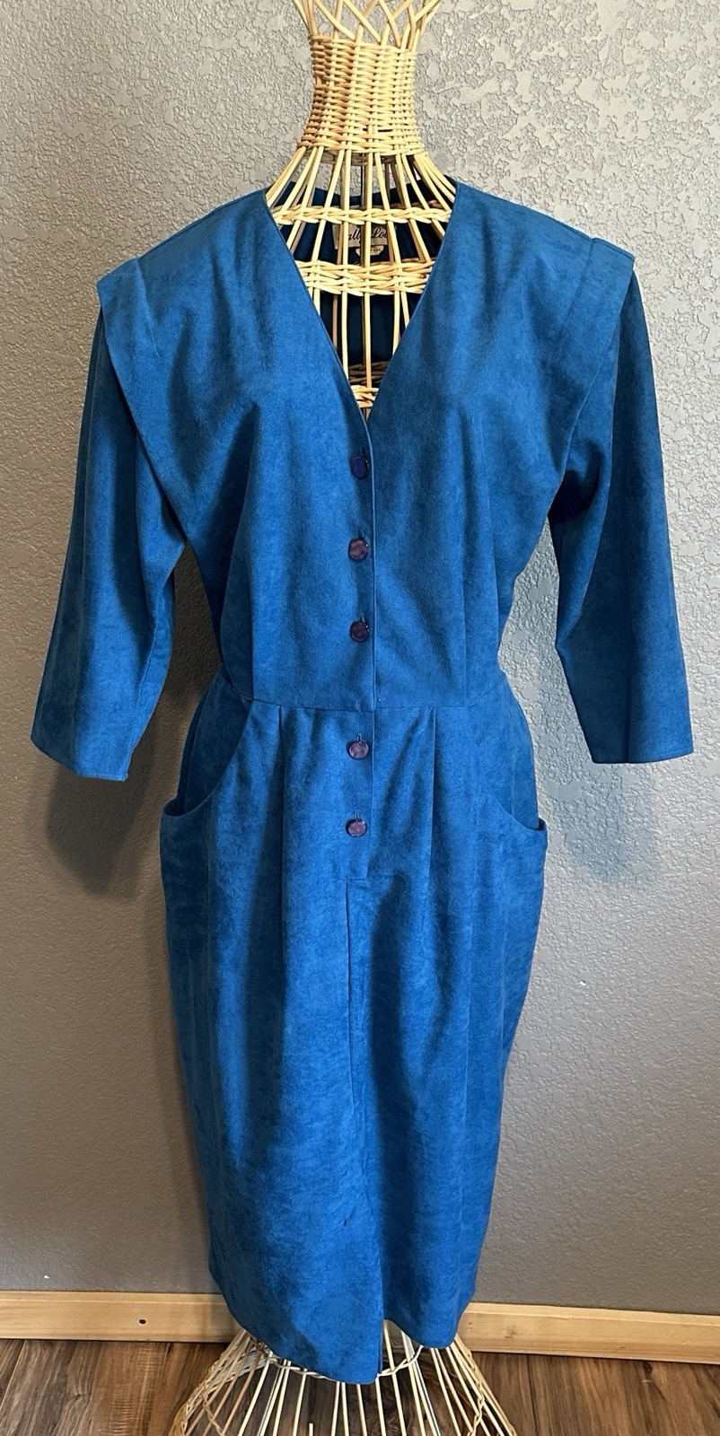 Vintage 80s Blue Button Up Fitted Dress Sz 14 Secretary Lightweight USA Office