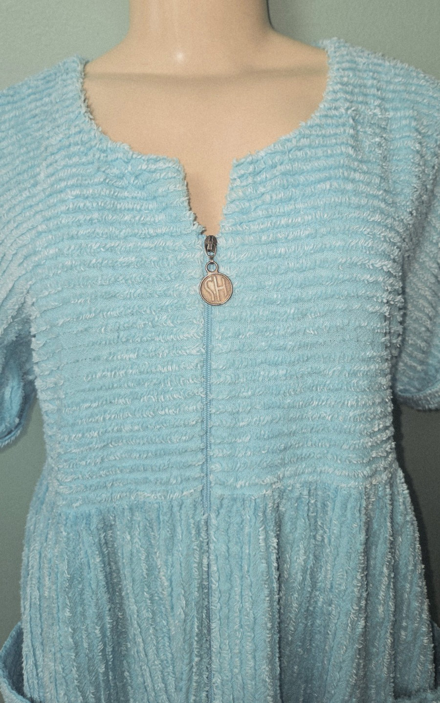 Vintage Stan Herman Turquoise Cotton Chenille Zip Robe Size Small
