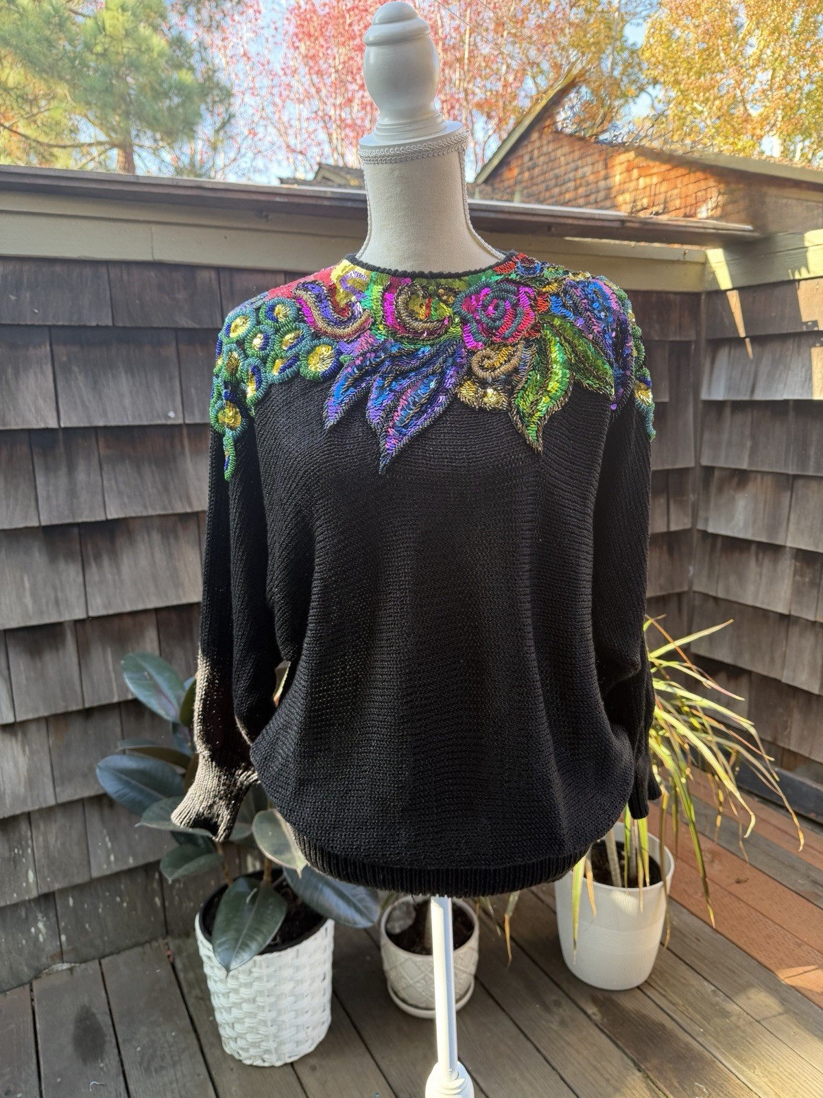 Vtg 80s Glam Knit Sweater Sequins Accents Sz L Rochelle CA