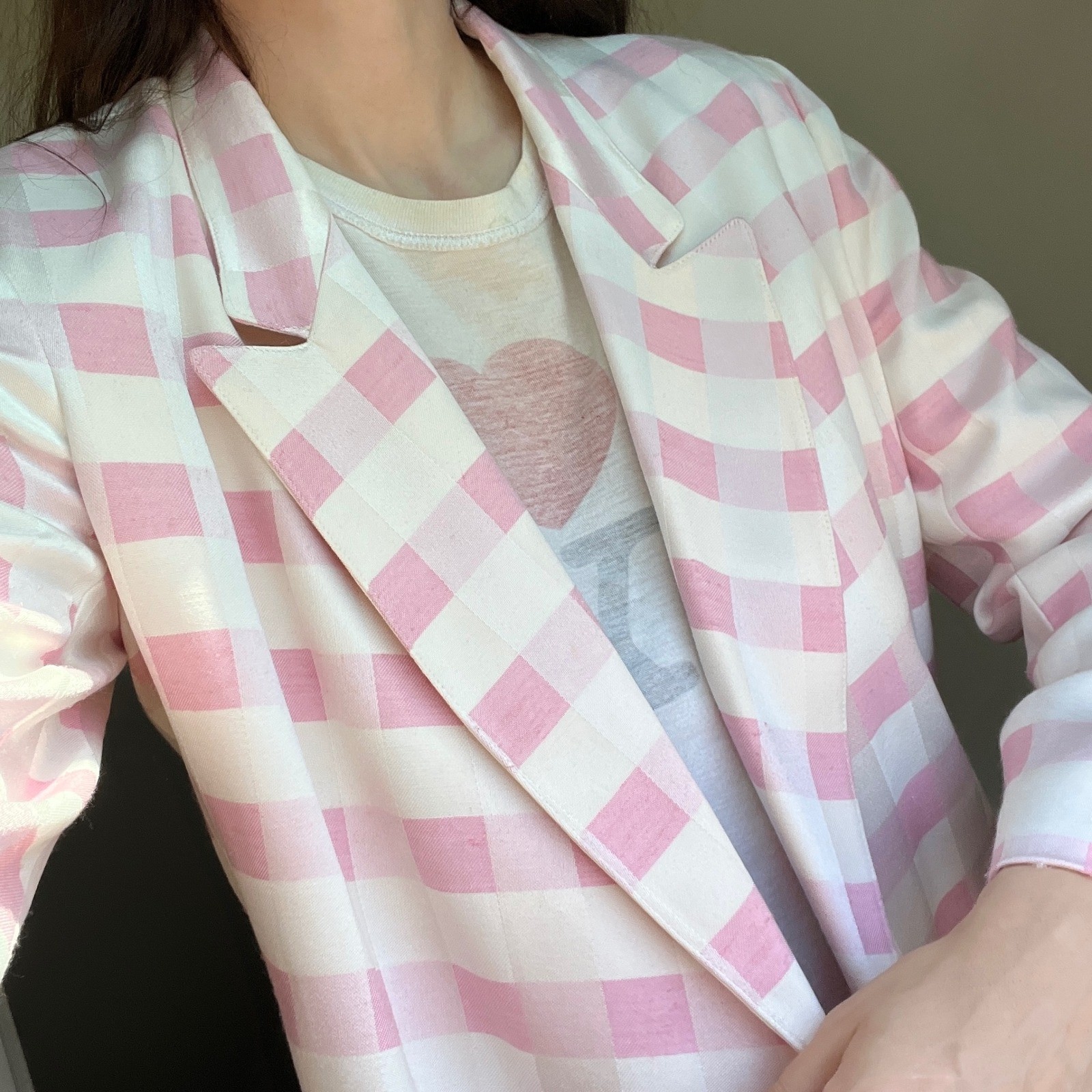 Vintage 1980s Blazer Pink White Gingham Check Double Breasted Jacket Avant Garde