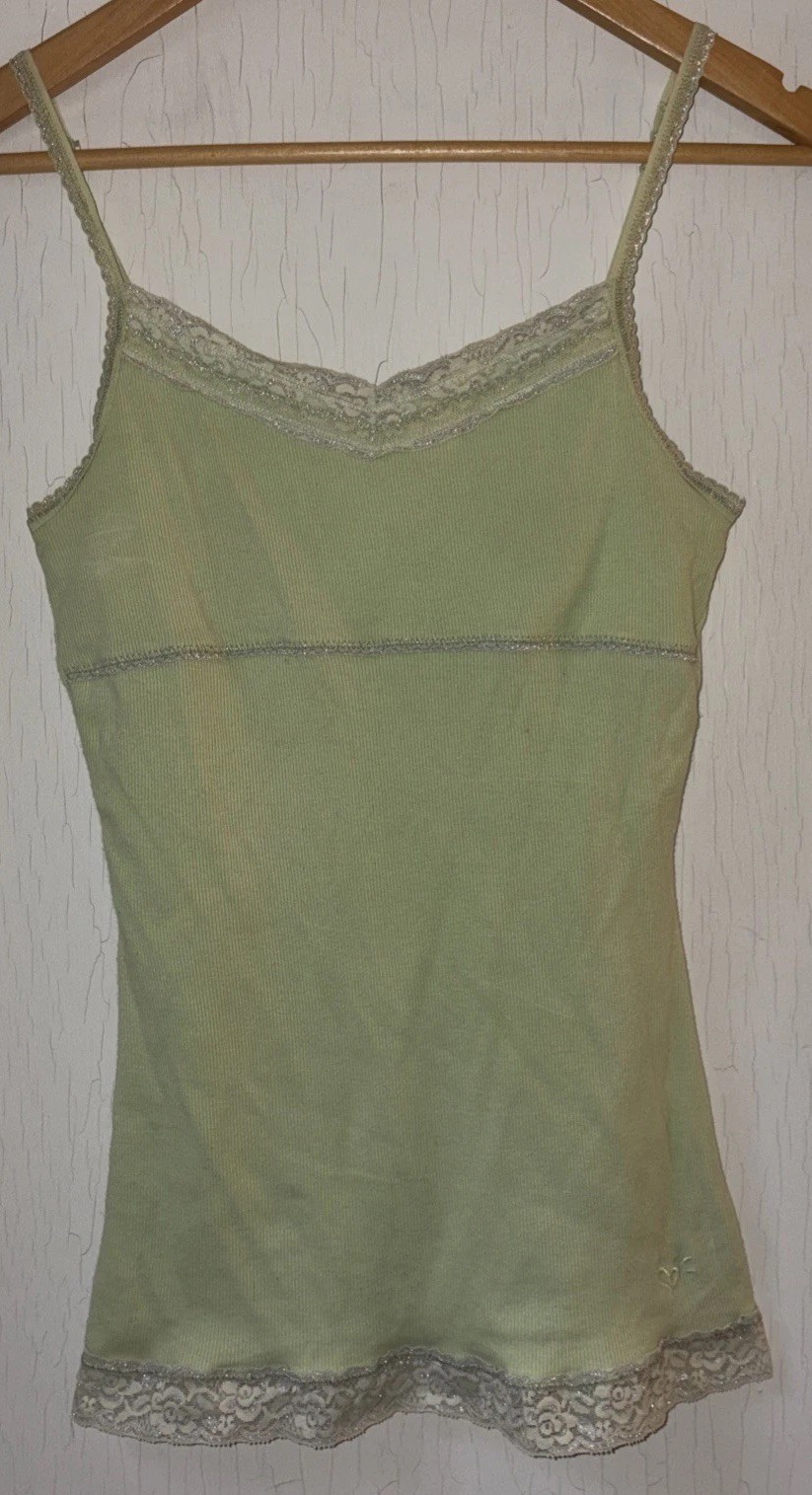 90s Y2K Vintage Babydoll Ribbed Lace Trimmed Cami Top Boho Fairy XS