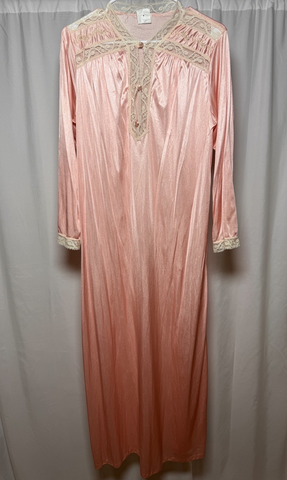 Vintage Mary Barton Long Pink Nightgown Medium 12-14 Long Sleeve Lace
