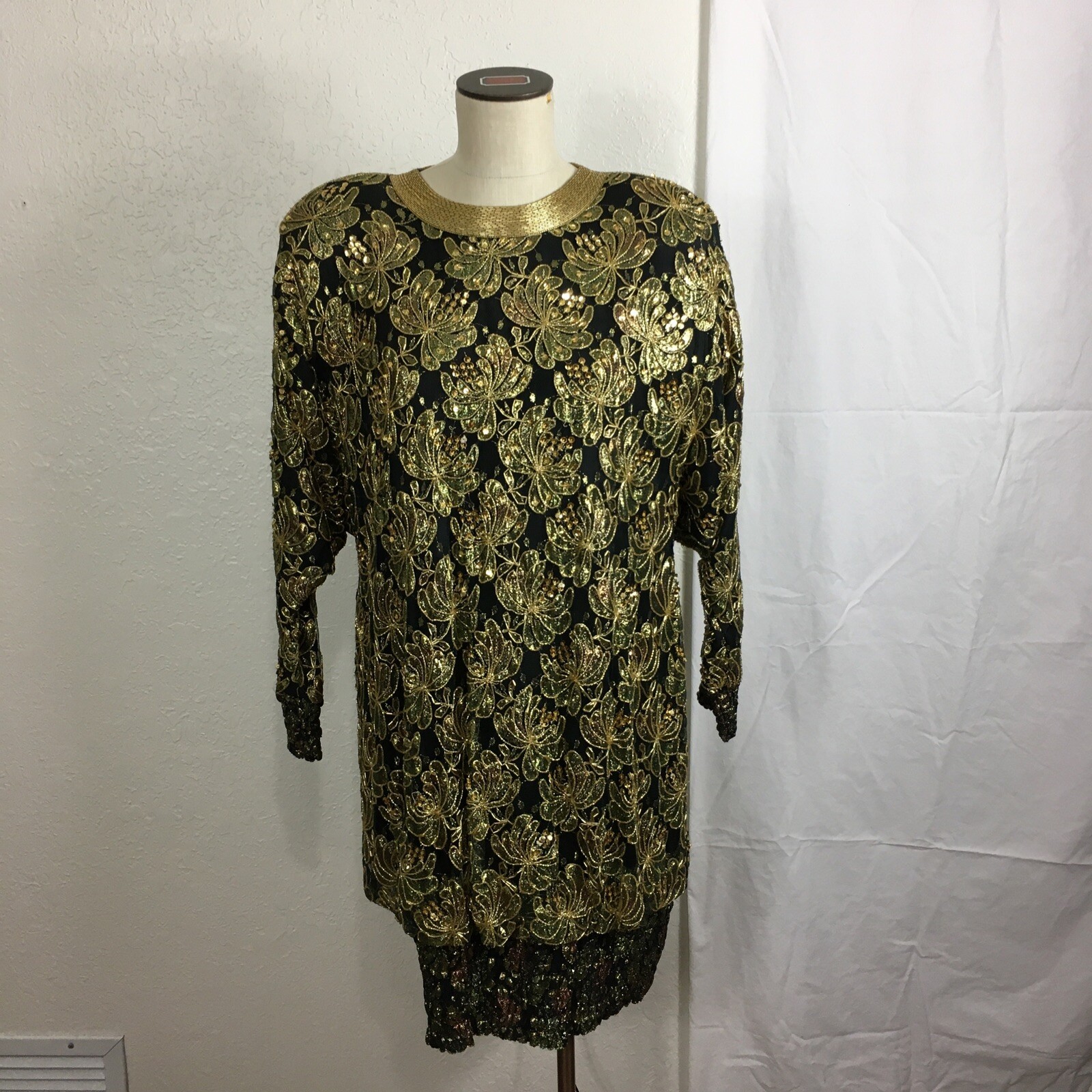 Lillie Rubin VTG Formal Cocktail Dress Black Metallic Gold Beaded Sequins Bubble