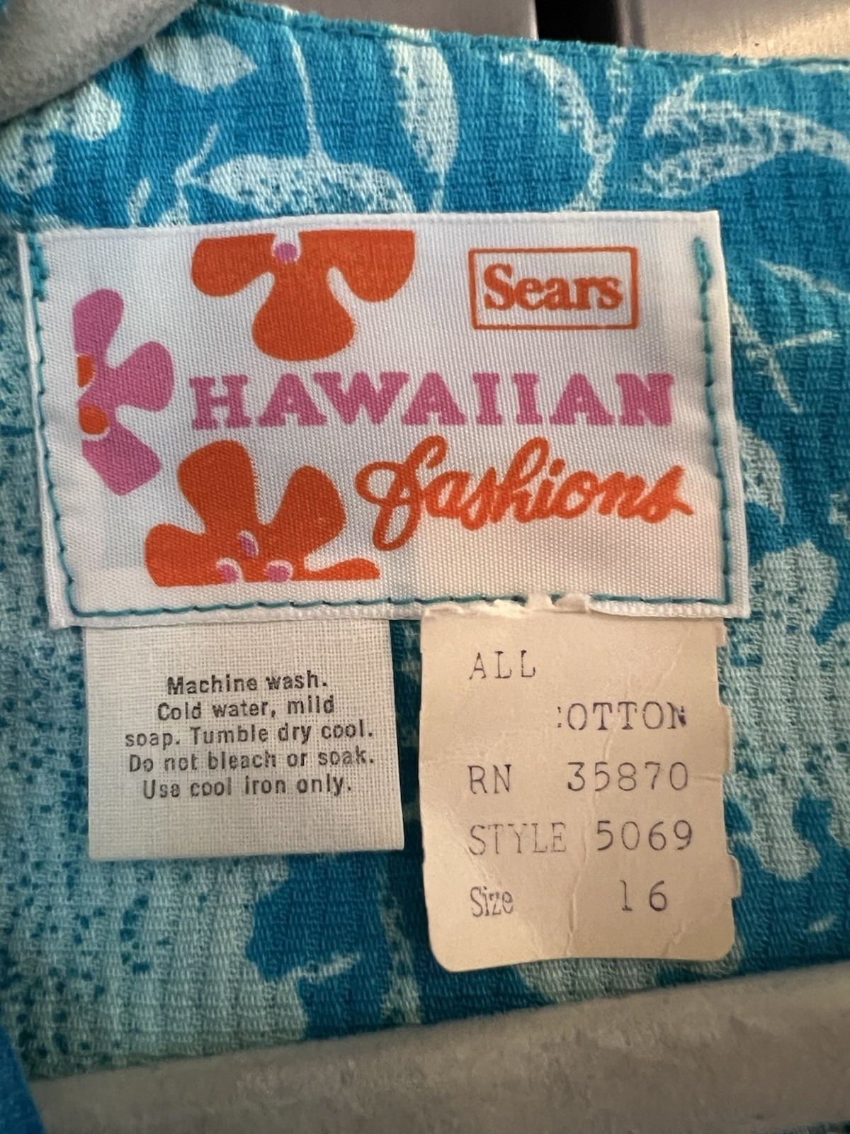 VTG Sears Hawaiian Fashions Maxi Dress Blue Floral Tiki Textured VTG Size 16