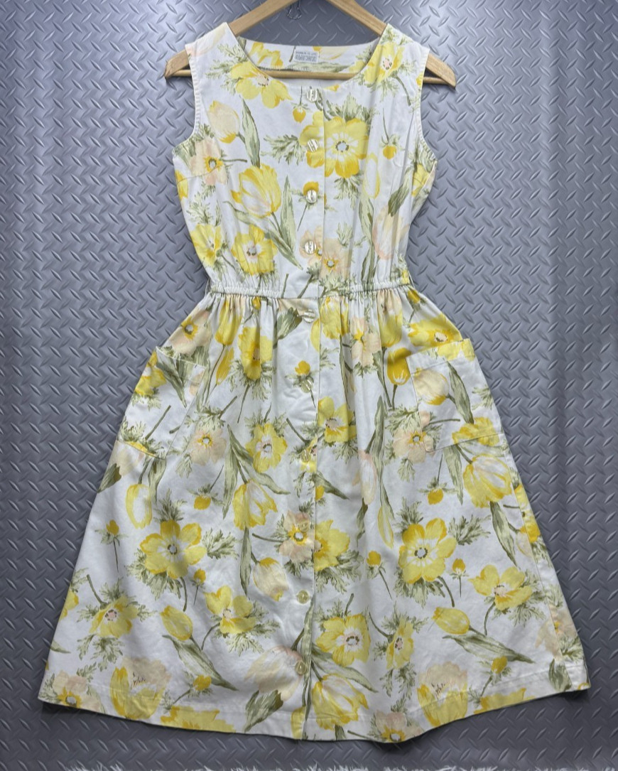 Vintage Greenbar Co. Floral Dress Yellow Flower Print Sleeveless Button Up
