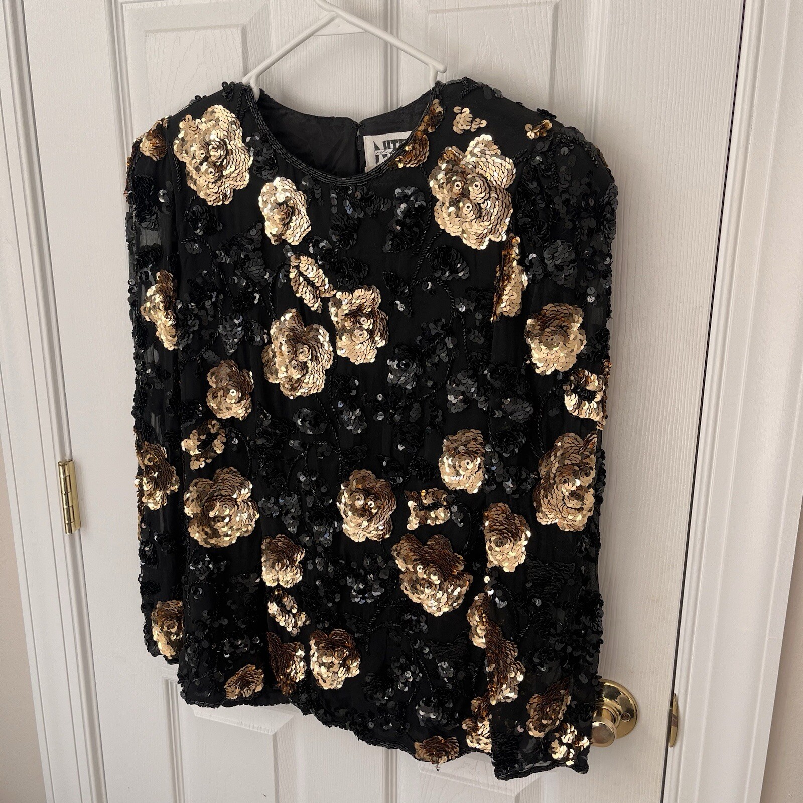 I. Magnin Vintage Sequence Black And Gold Flowered Top – Size Medium