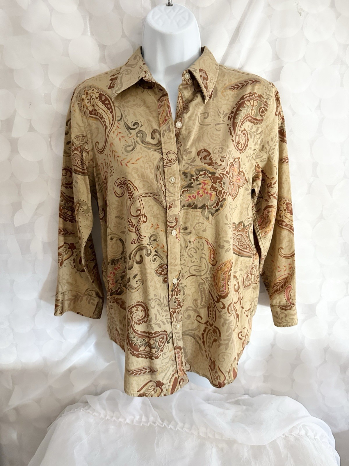 VTG 90s Ralph Lauren Women’s Button Down Shirt Medium Paisley Earth Tone Elegant