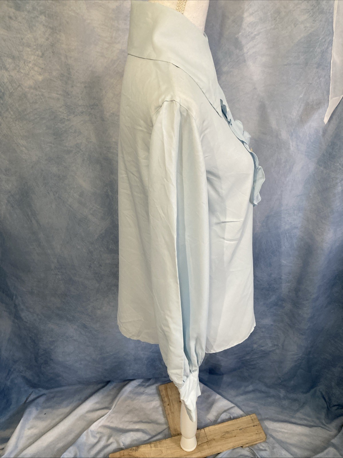 VTG Miss Chris Blue Ruffle Jabot Blouse 70s Secretary Victorian Union Made XS/S