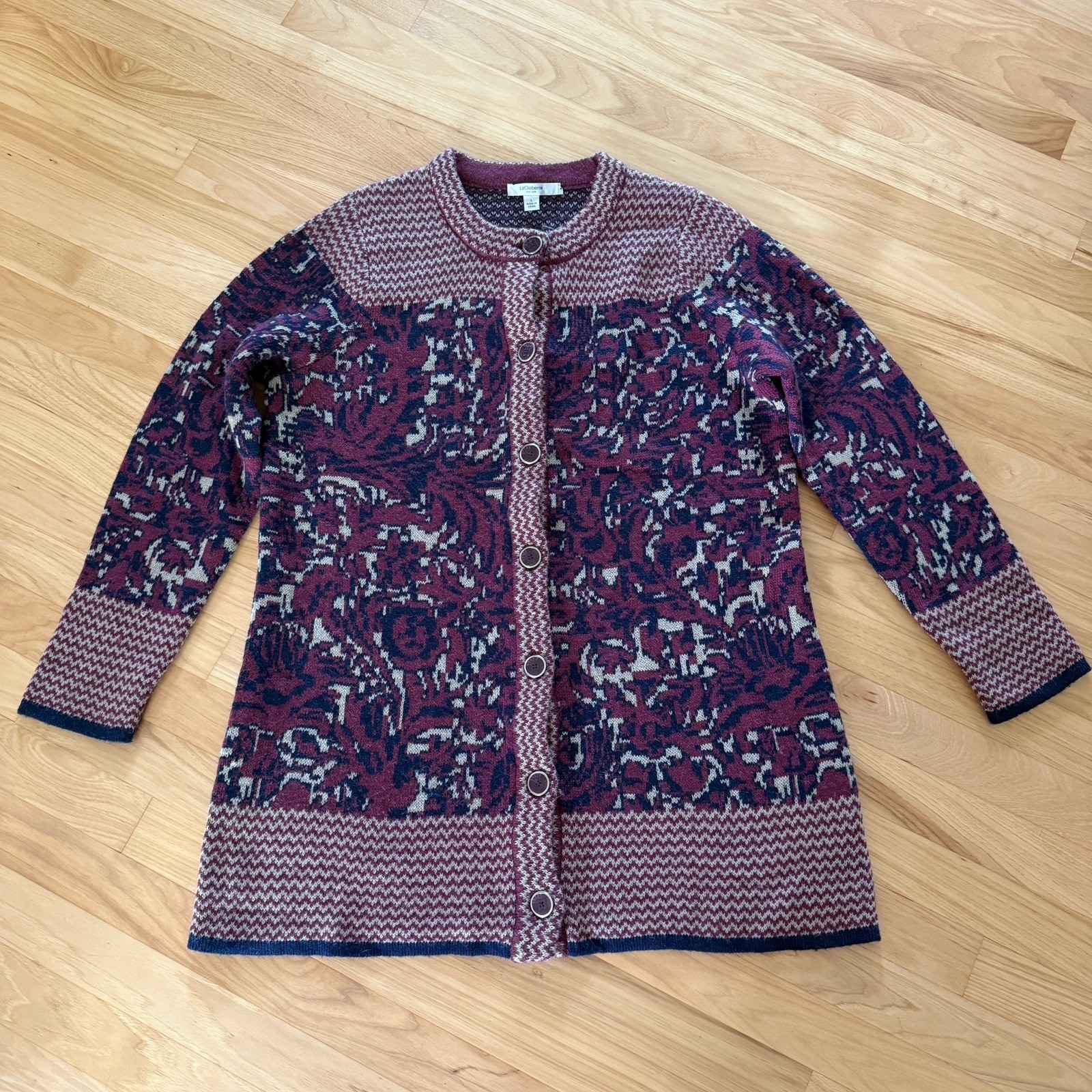 Liz Claiborne Alpaca/Poly Cardigan Sweater Burgundy Cream Navy Knit Size L