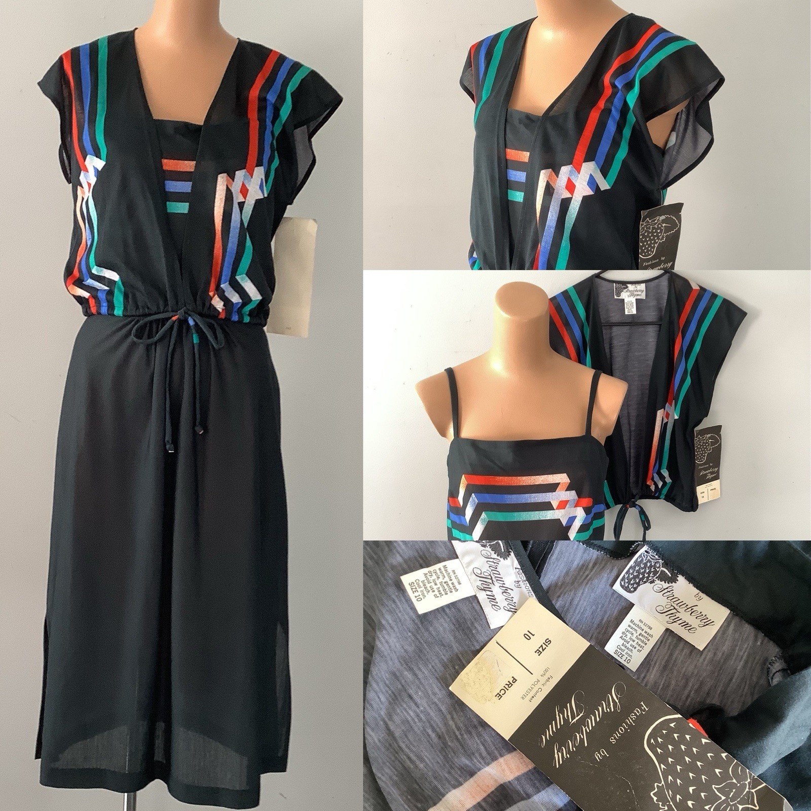 VTG 1970’s Disco Deadstock Black 2 Piece Dress W/ Striped Accent Print Orig Tags