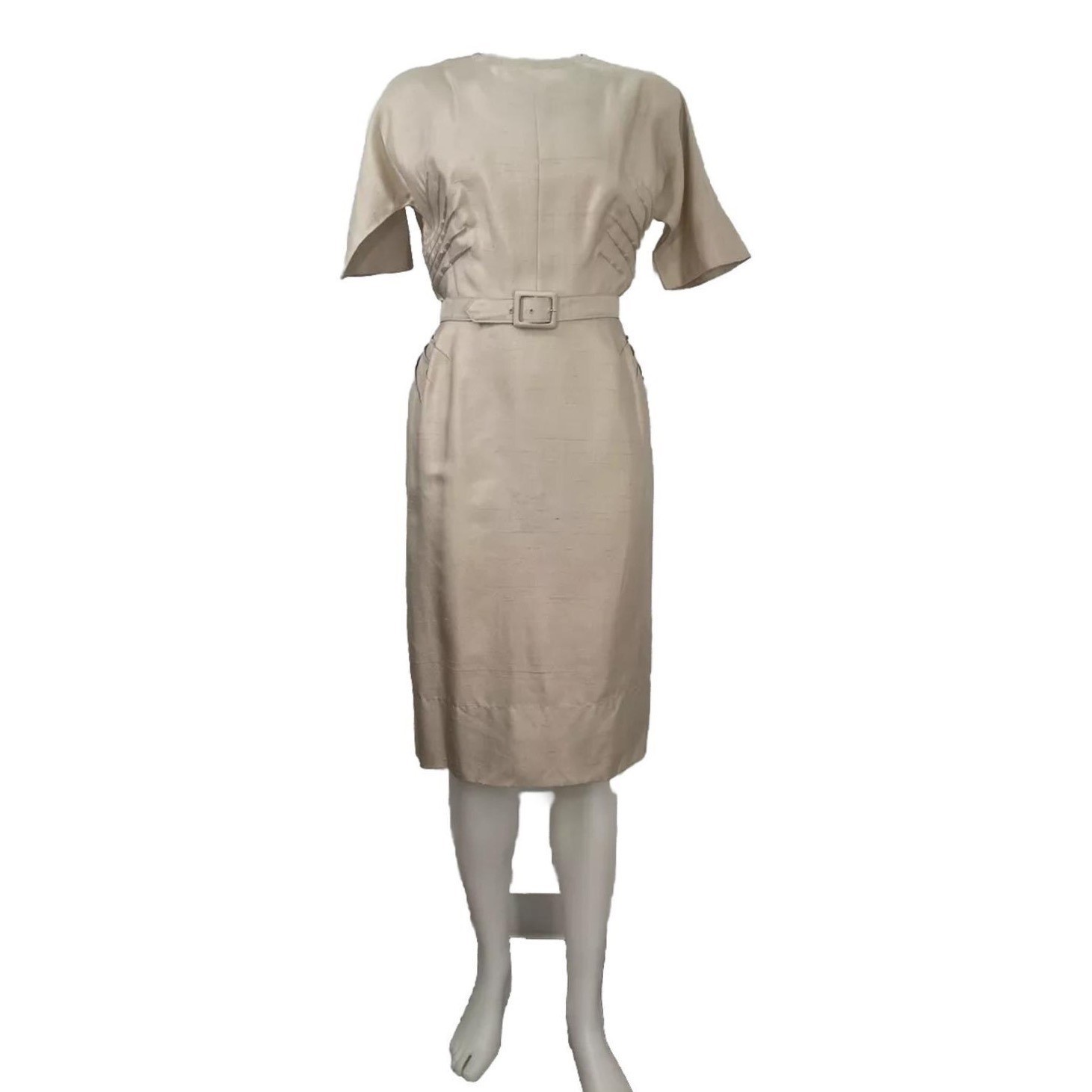 VTG 60s Wiggle Pencil Cocktail Details Dress Ivory Silk Texture Waist 26&Prime;