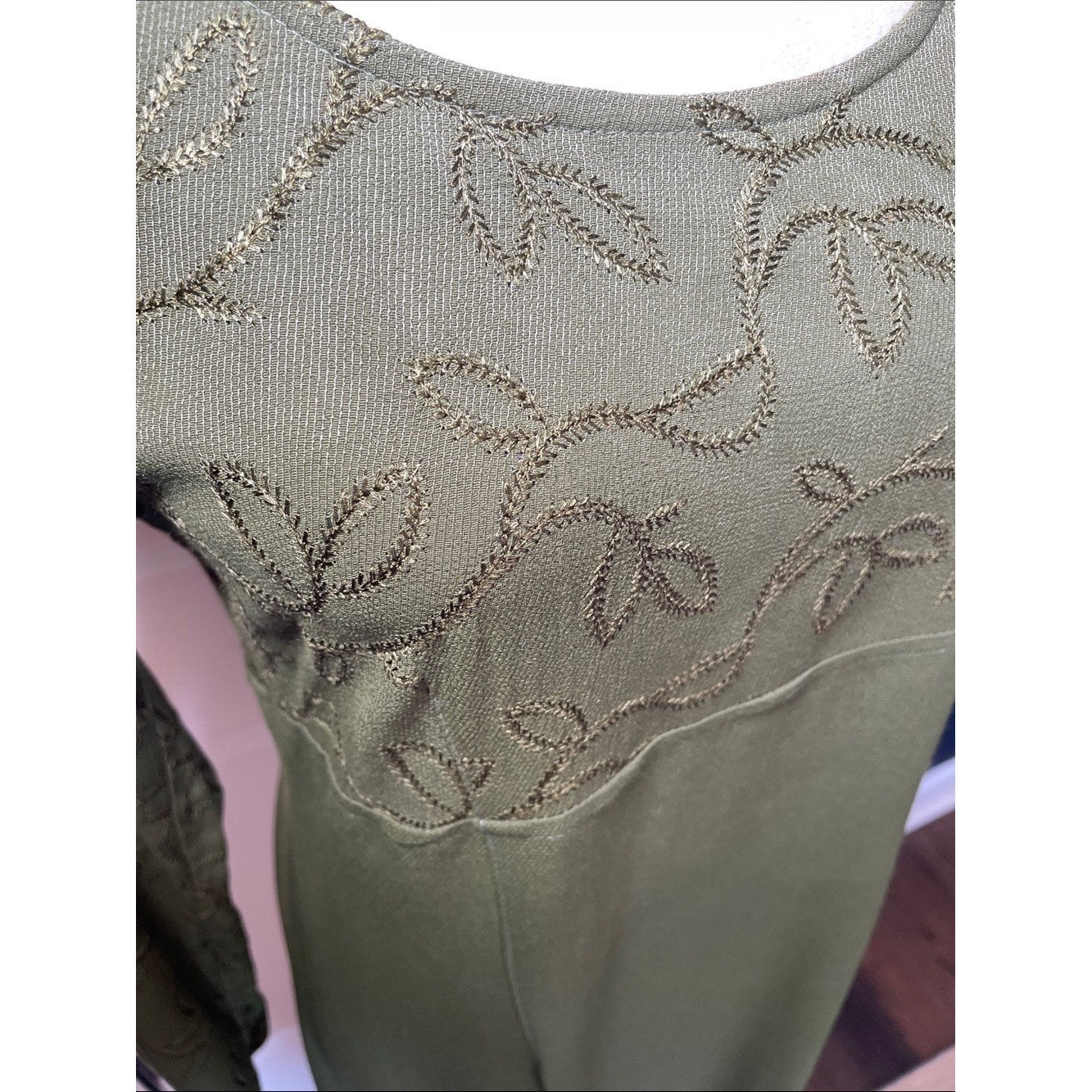 Vintage Johnny Was Embroidered Olive Green Maxi Dress Velvet Trim XS