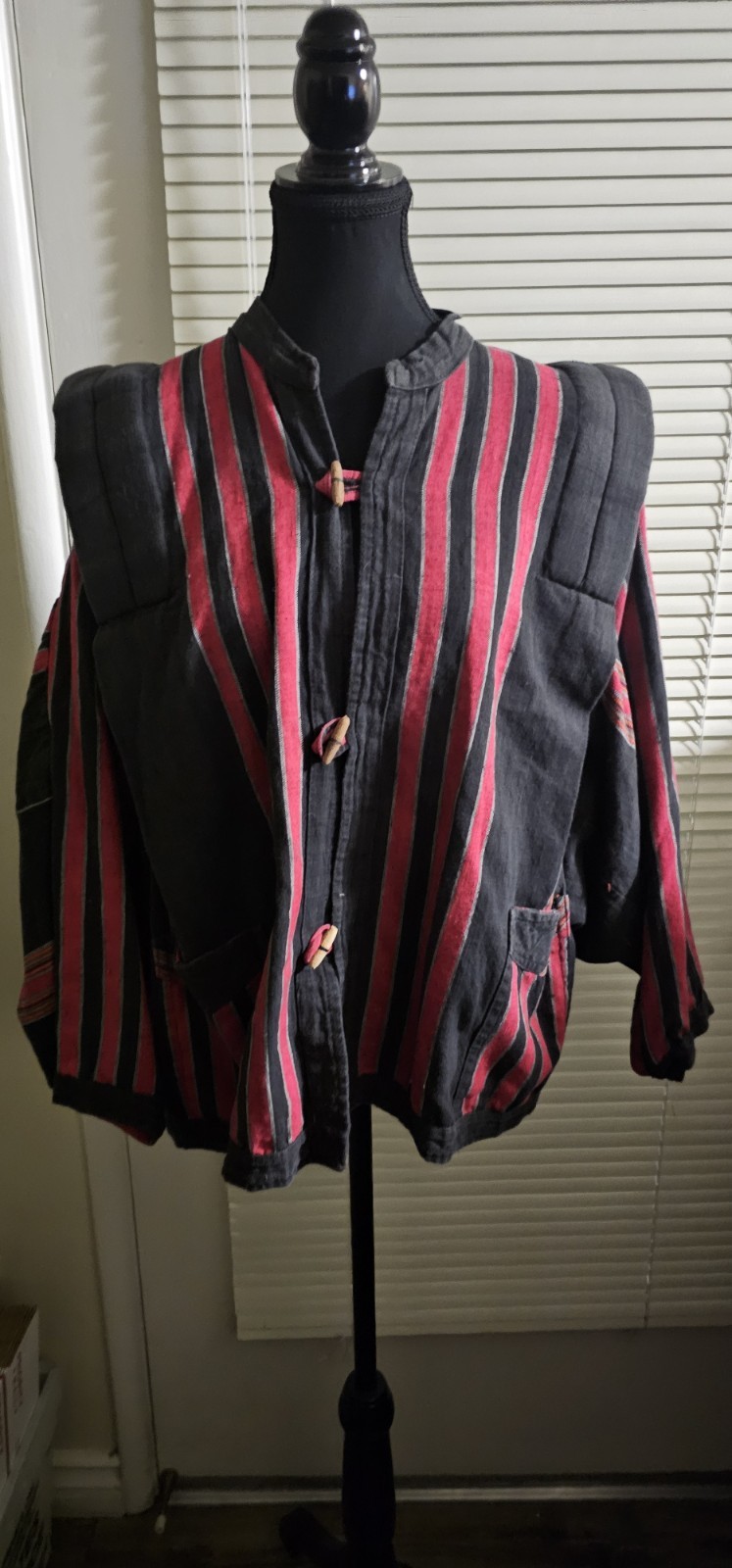 Vintage Nepalese Woven Cotton Jacket Toggle Front Tribal Stripe Artisan Nepal M