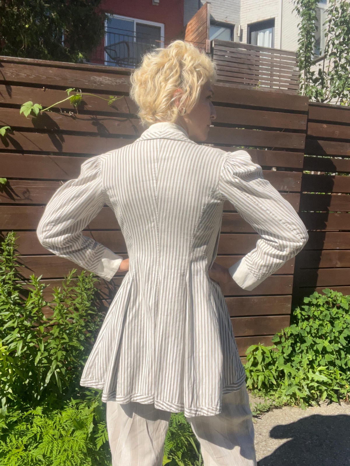 VICTORIAN PINSTRIPED LINEN Antique Walking Suit Jacket with Mutton Sleeves