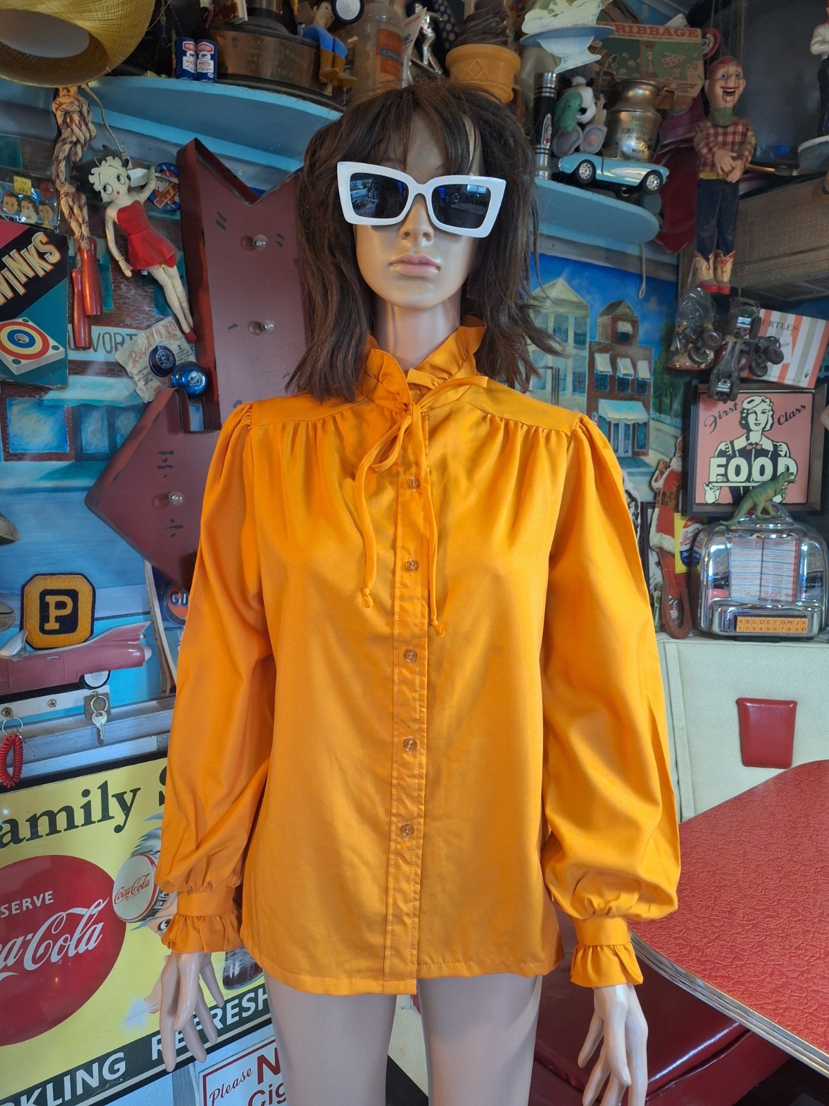 True VTG 1970s 1980s High Ruffled Neck Blouse Button-up Shirt Poofed Sleeves L