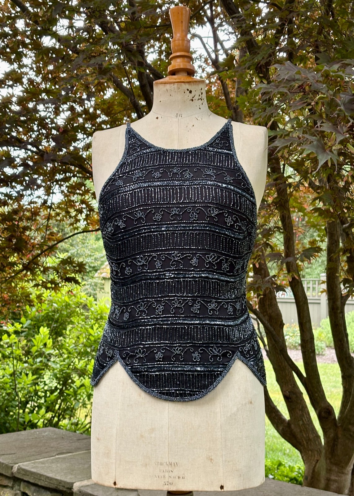 vtg BLACK silk BEADED fitted TOP CAMISOLE scallop by STENAY size XL seed & bugle