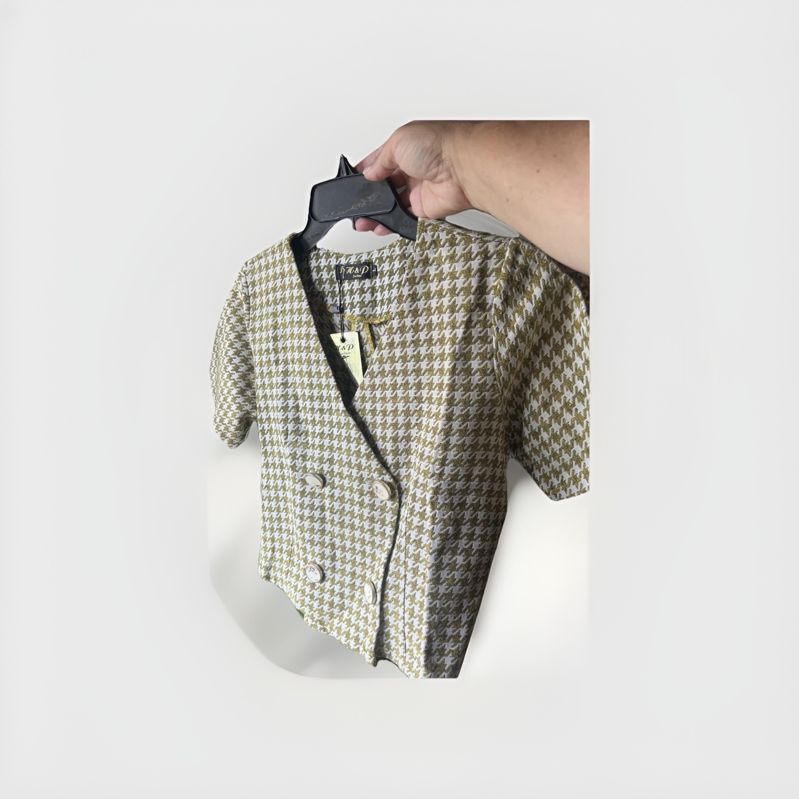 1960’s -70’s Green/Ivory Houndstooth Cropped Button Top NWT Size Large