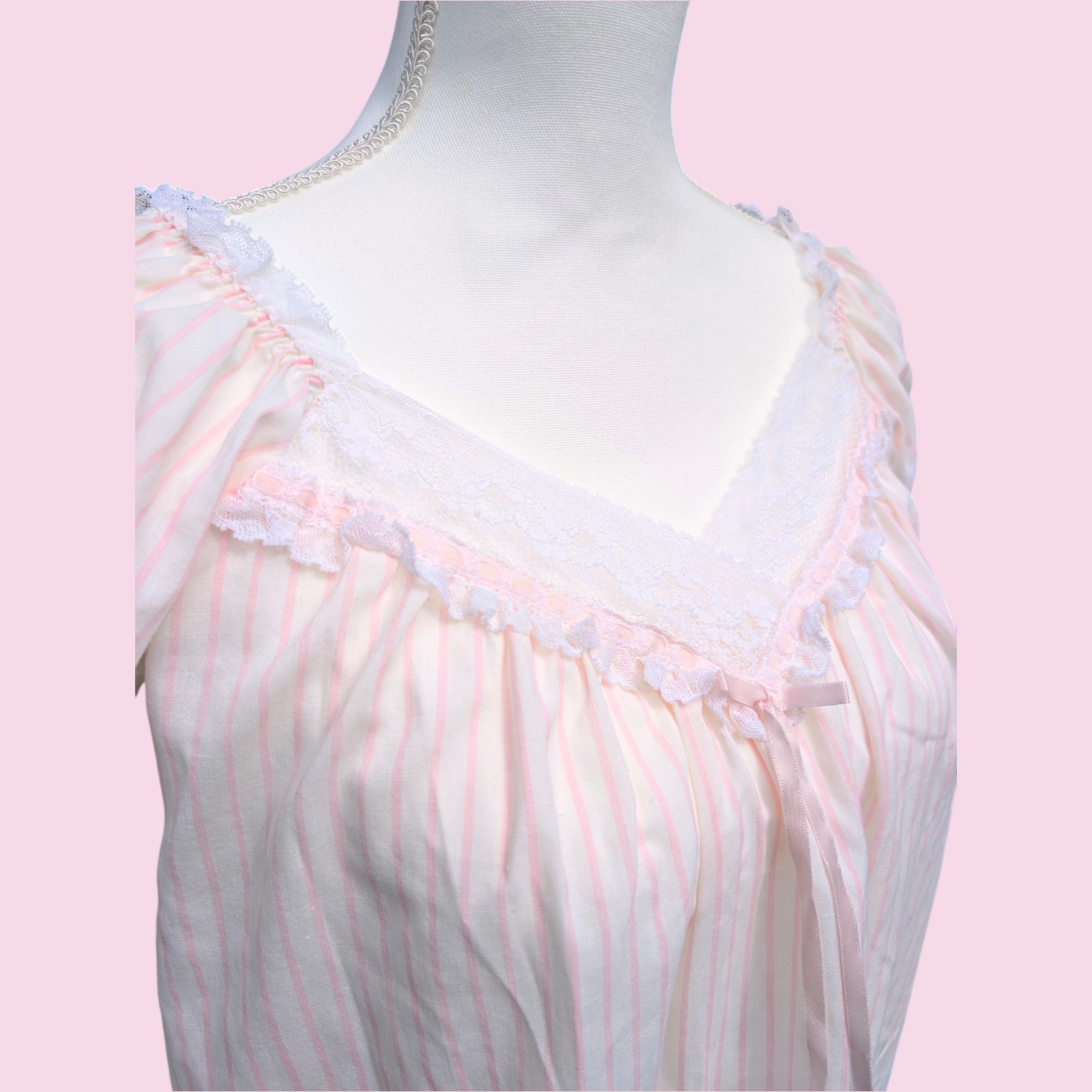 Vintage 80s Miss Elaine Nightgown Pink Stripe Lace Union Made USA Puff Sleeve S