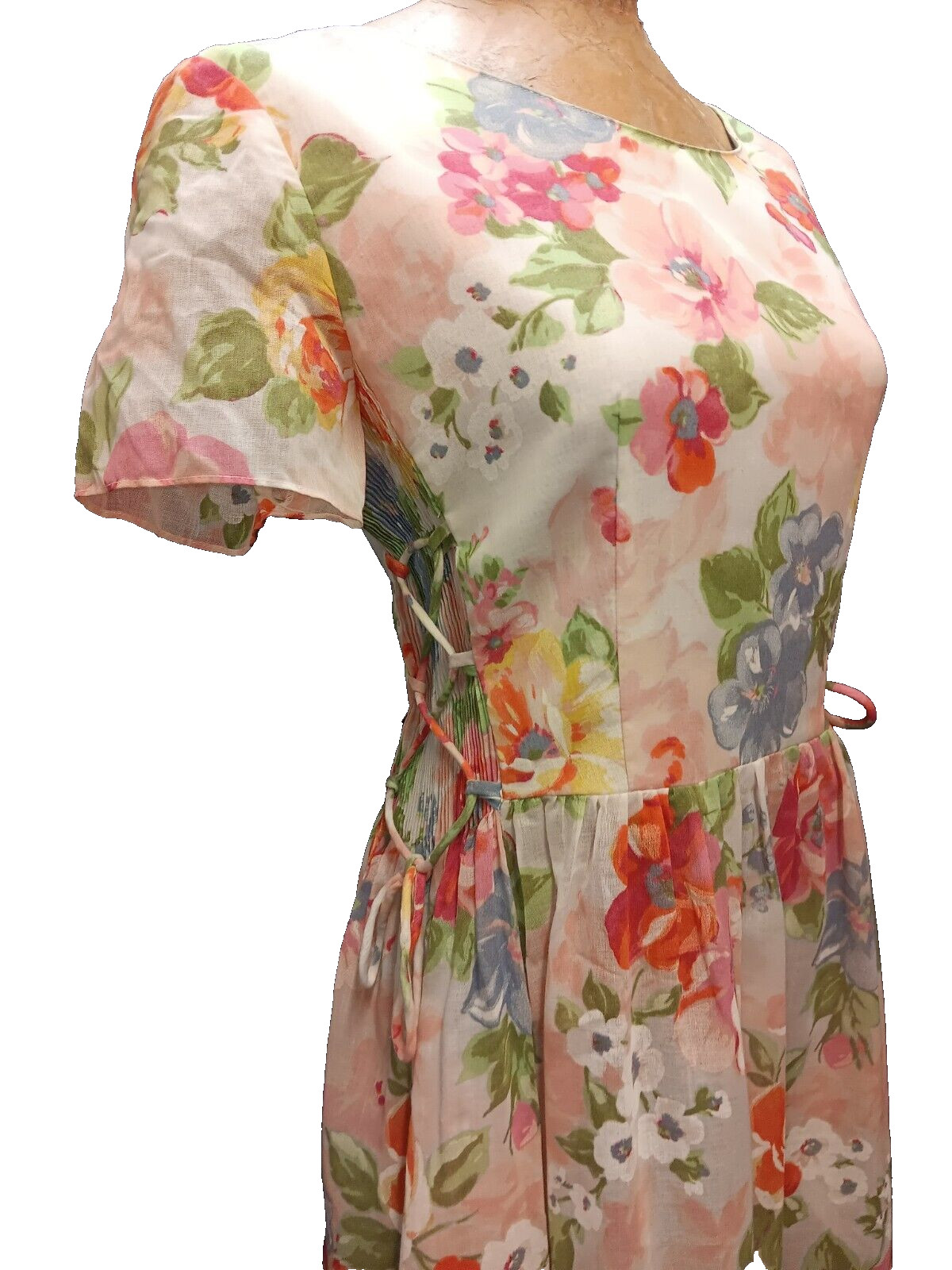 80&rsquo;s White Green Pink Yellow Romantic Cotton Blend Dress California Designs S/M