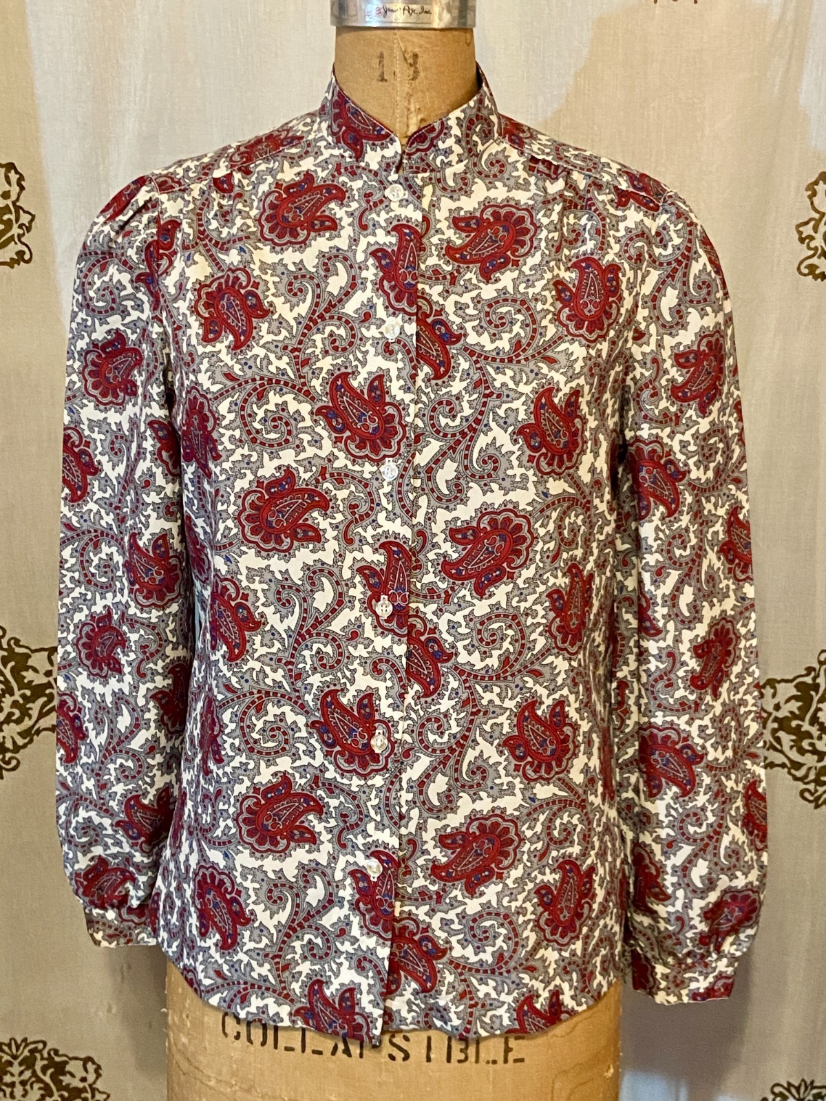 Vintage 60s 70s DEVON Gray Paisley Mod Polyester Shirt Blouse Top M Secretary