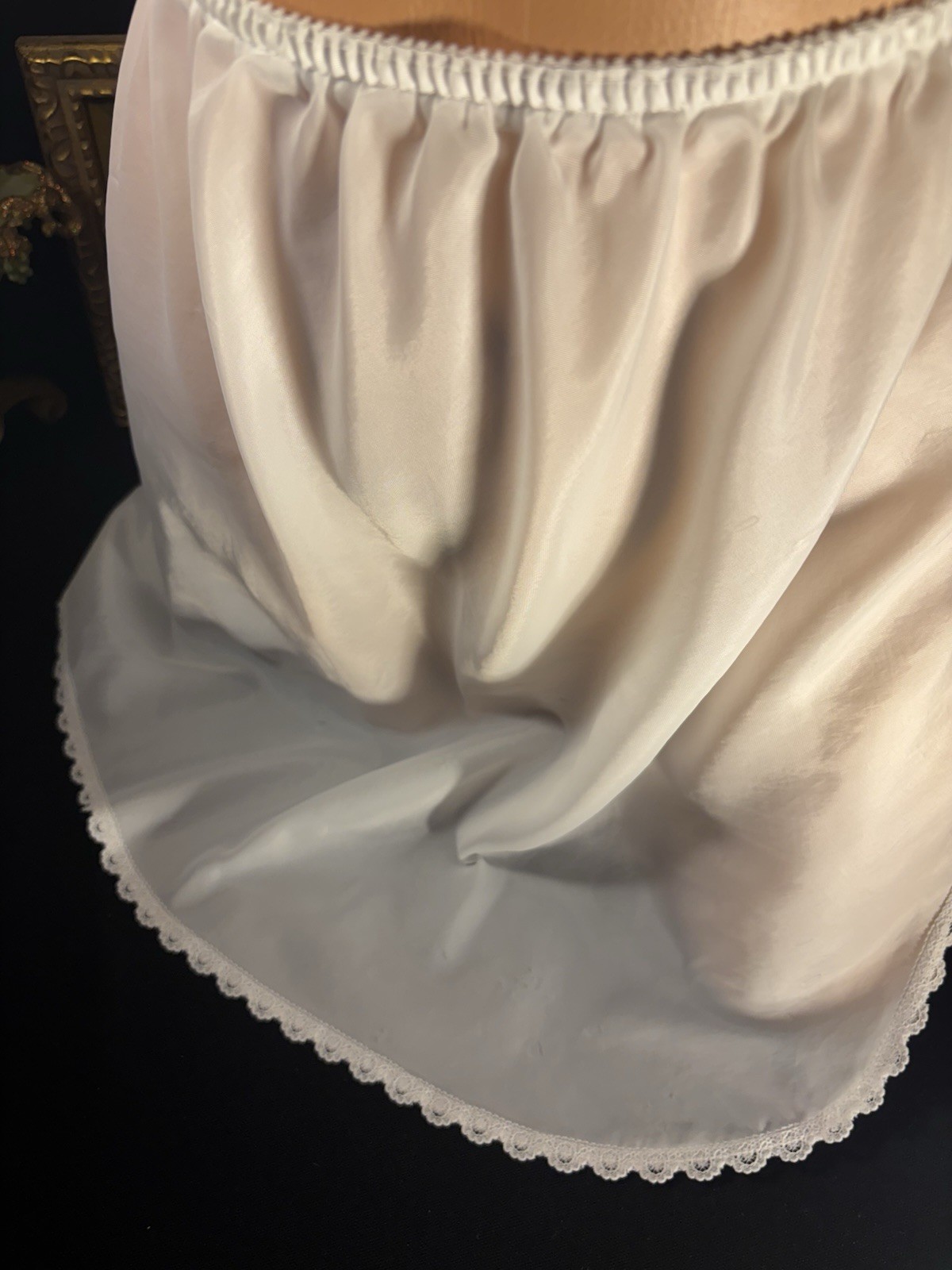 Vtg SATIN THIN TISSUE SHEER MINI SLIP SKIRT Oily Wet thin LINGERIE OFFICE SISSY
