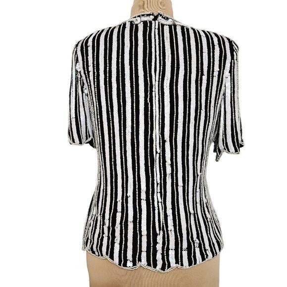 Stenay Vintage 100% Silk Beaded Sequin Top Black White Stripe Floral Scalloped L