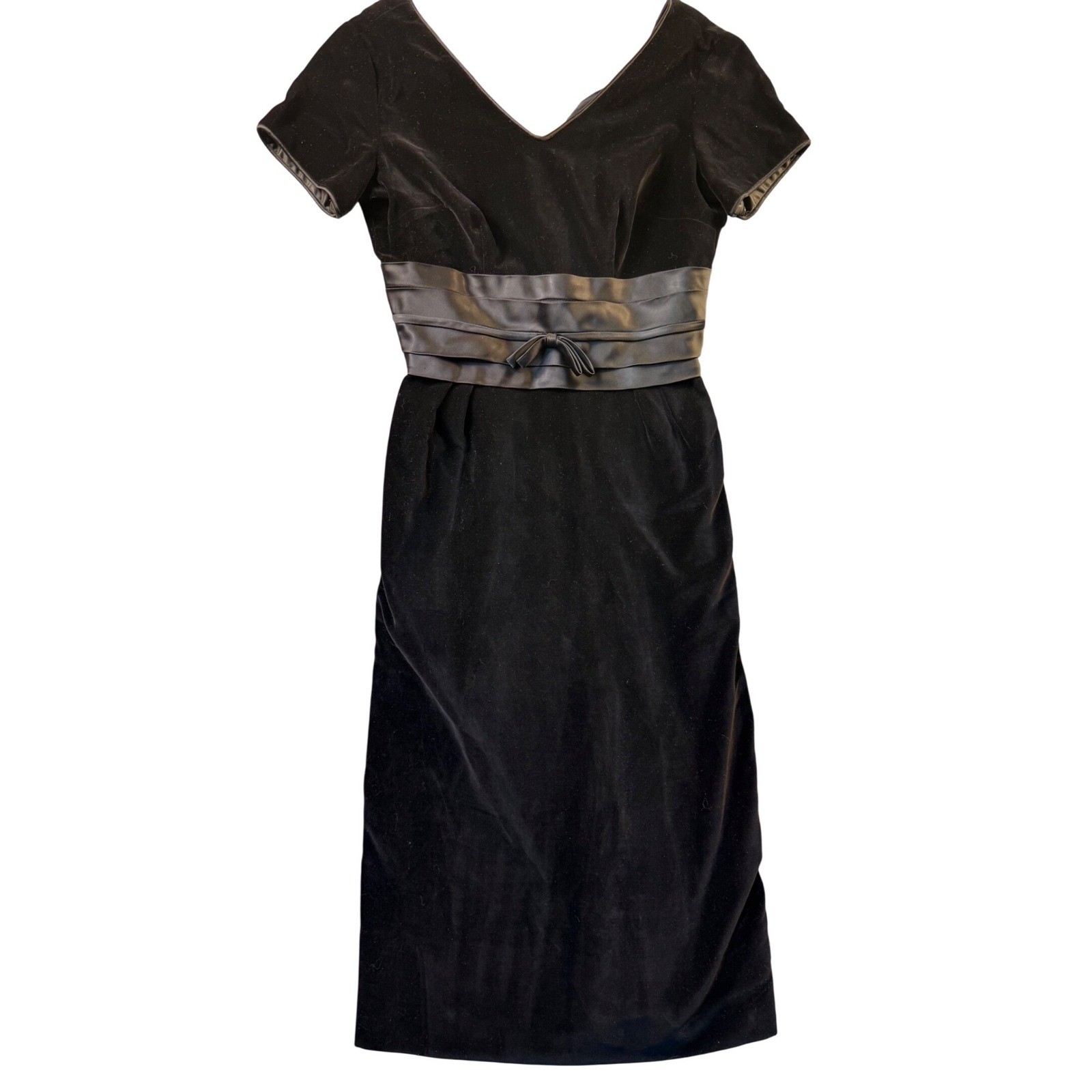 Vintage Black Velvet Cocktail Dress Satin Bow Waist MCM 1950s 1960&rsquo;s LBD Pinup