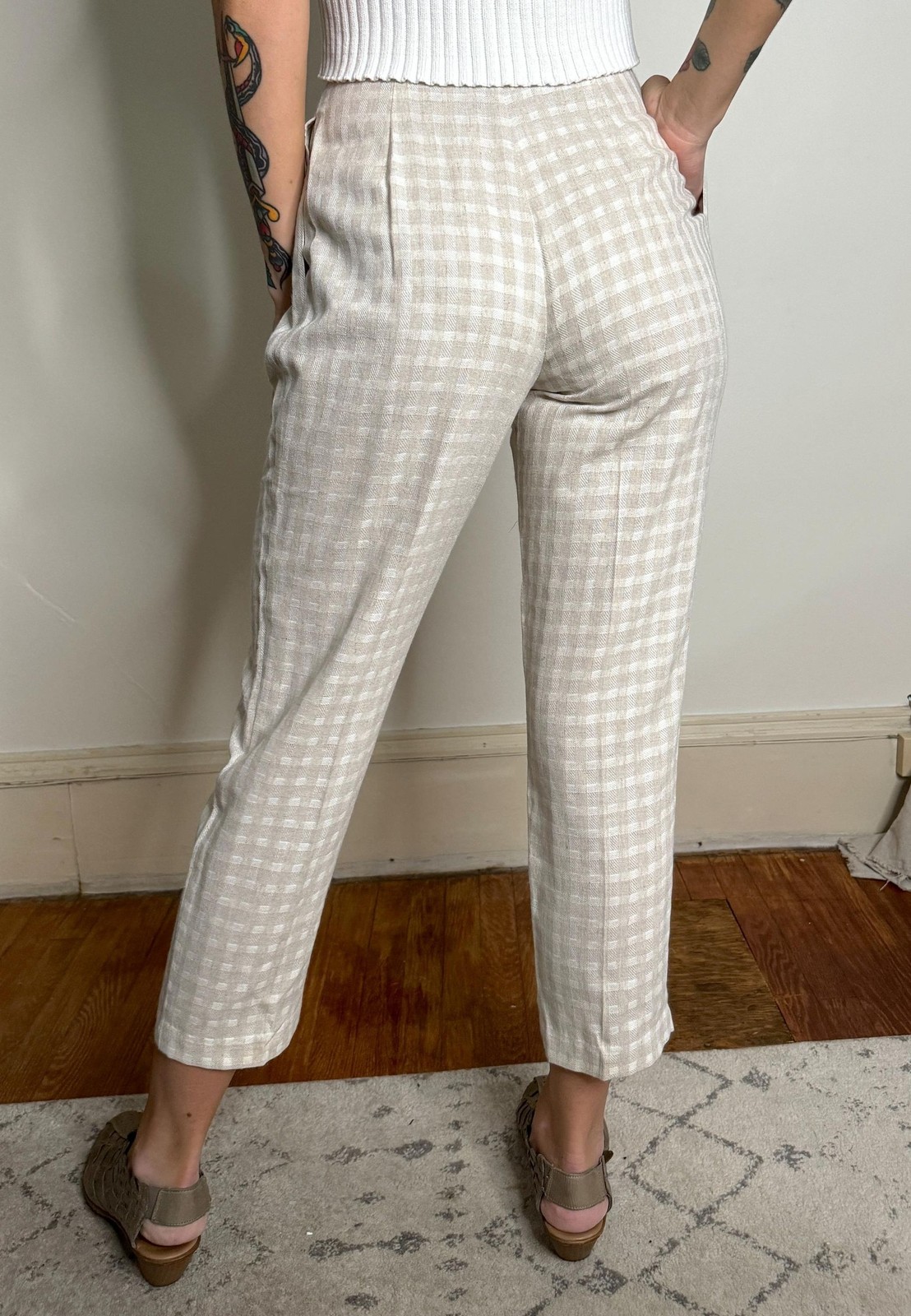 vintage 80s high waisted pleated womens pants / linen trousers / checked slacks
