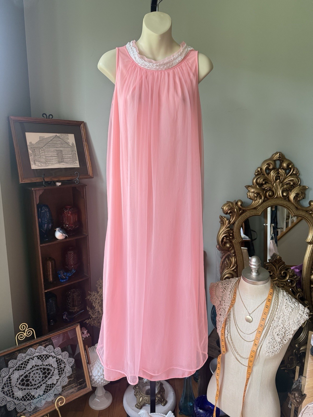 1960s PEACH CHIFFON OVER NYLON DUAL LAYER NEGLIGEE ROUND COLLAR LINGERIE *READ