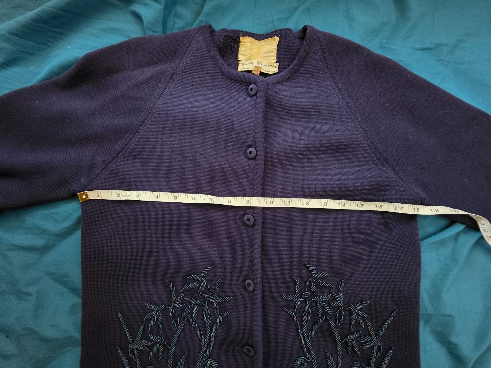 Vintage Robson&rsquo;s Beaded Wool Cardigan Bamboo Sweater Hong Kong Blue Size 12