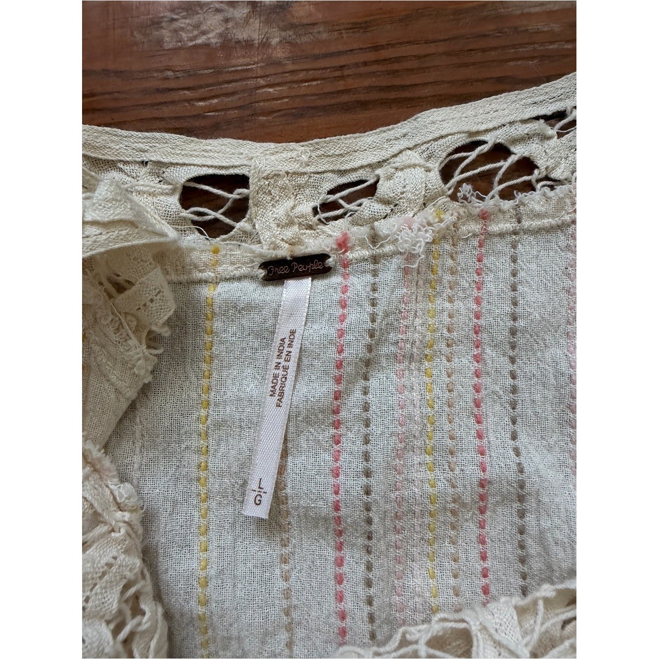 Free People Floating Memories Blouse Retro Crochet Lace Ivory size L Boho