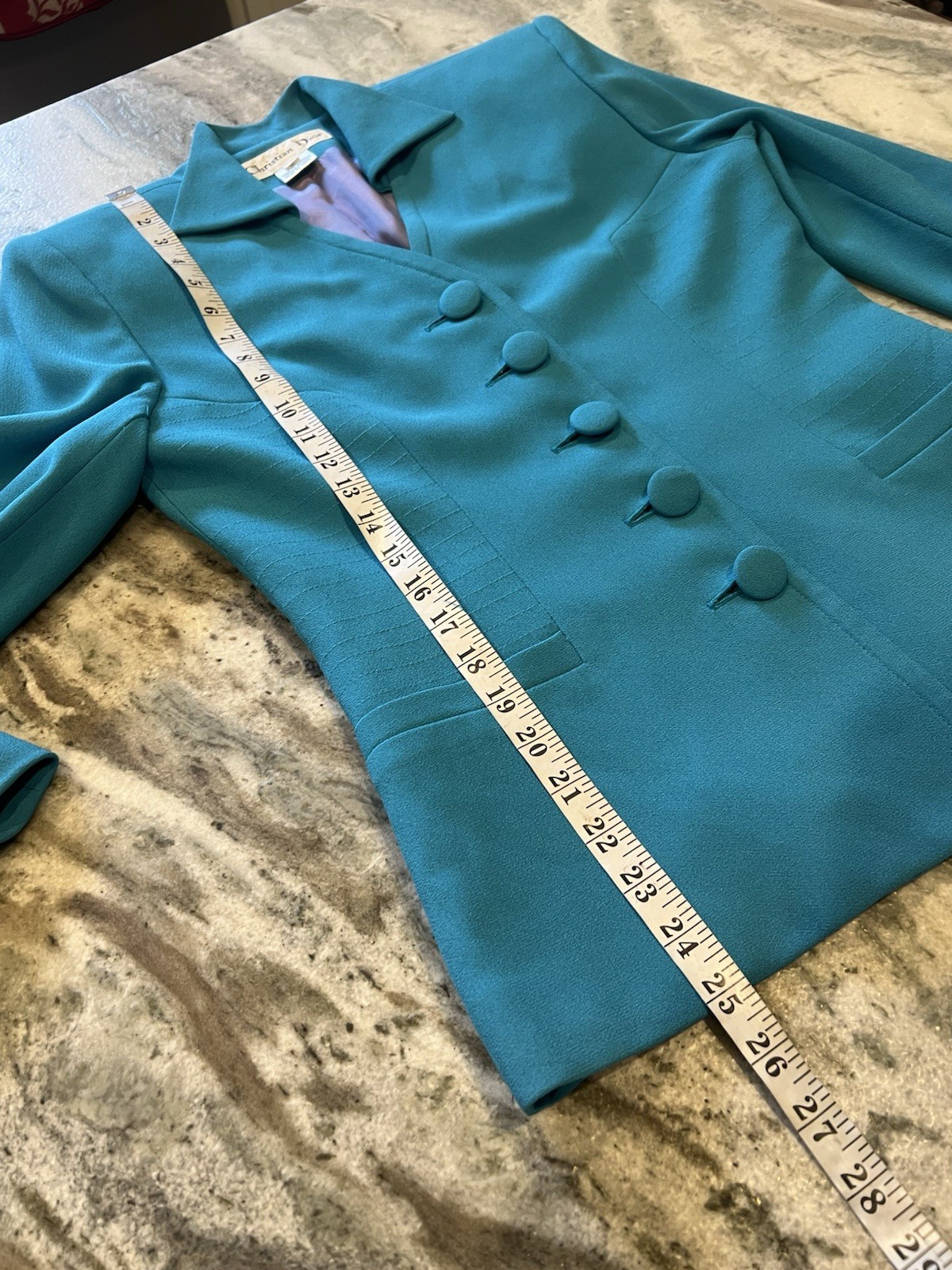 VTG Christian Dior Size 2 1980s 2Pc Turquoise Blue Skirt Suit Set